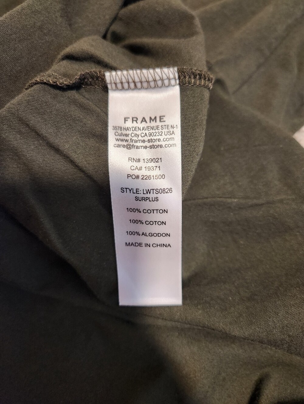 Frame Le Mid Rise V Cotton Cap Sleeve Tee Surplus Olive Green Size Small - Picture 6 of 8